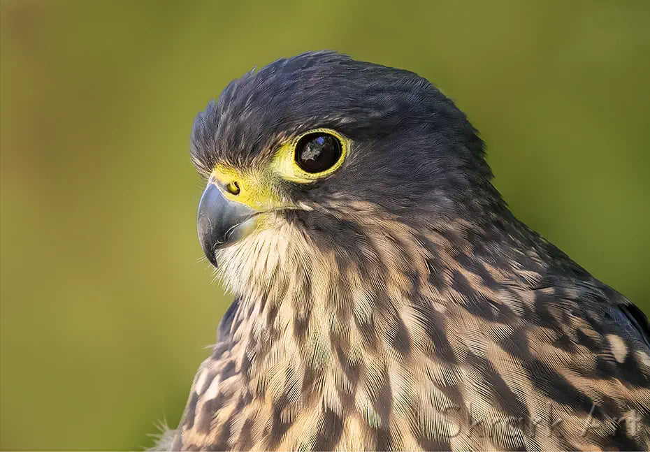 Profile of a kārearea falcon with a huge all-seeing eye
