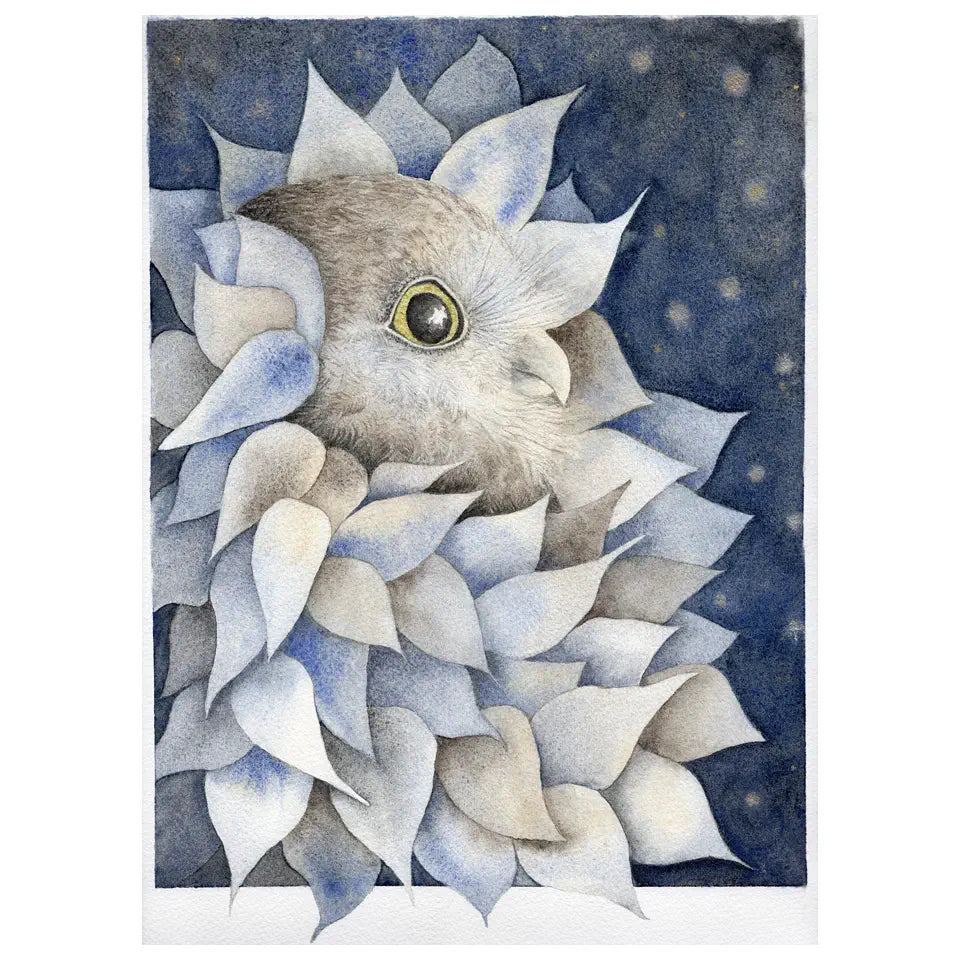 Watercolour of an owl surrounded with leaves