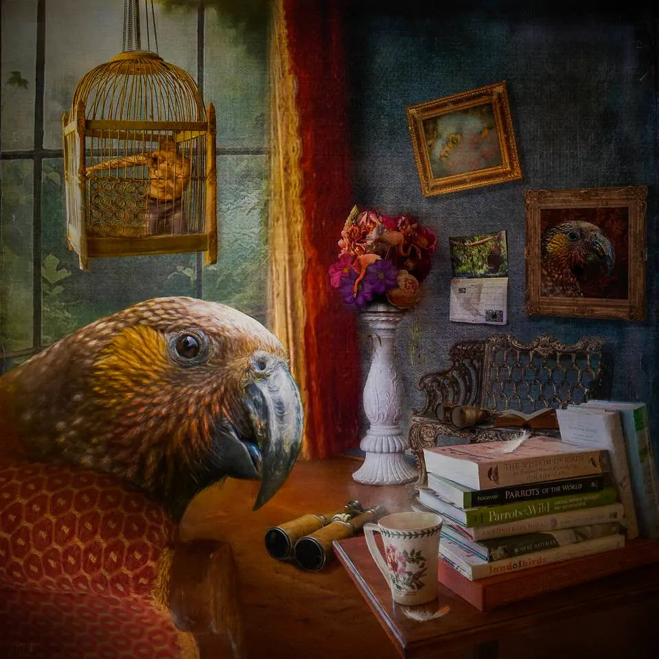 A kākā sitting in his parlour turns to look at the viewer, next to a pile of bird books and binoculars. By the window, a desperate man swings in a cage.