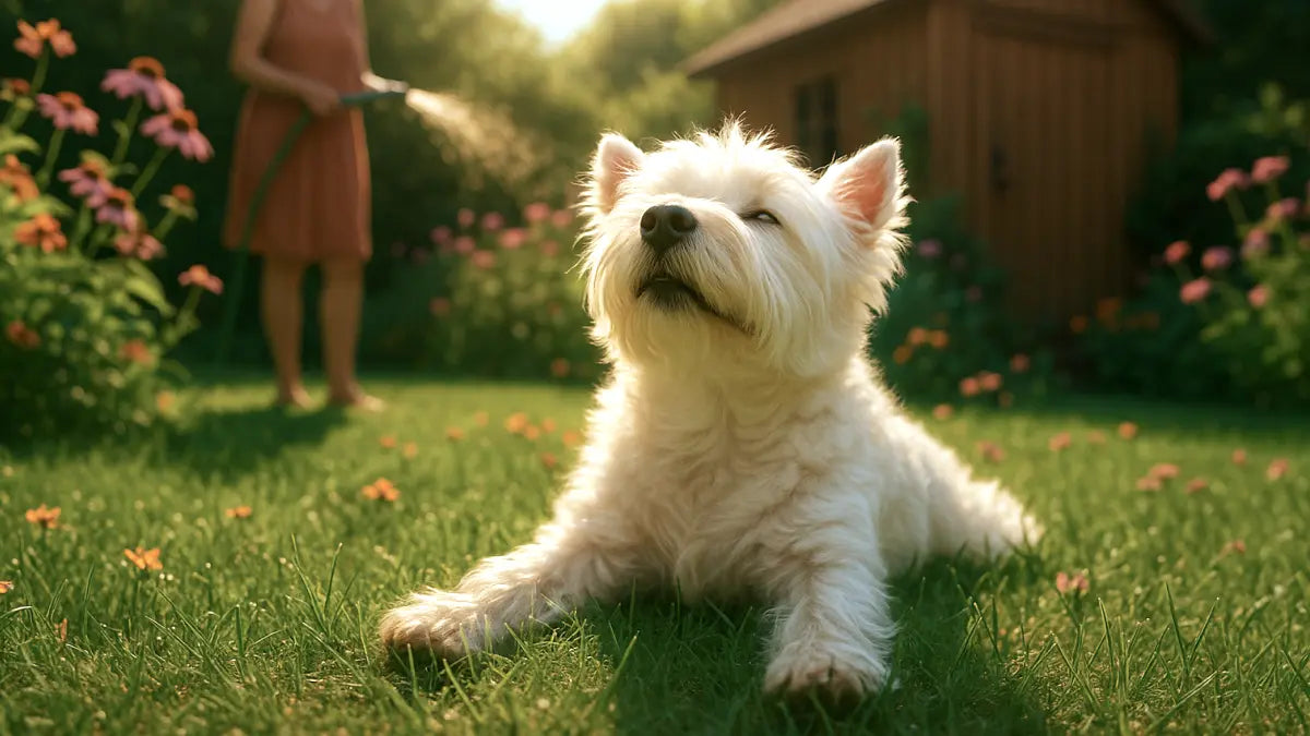 Witte hond ligt in de tuin in de zon – tips voor darmgezondheid hond in de zomer