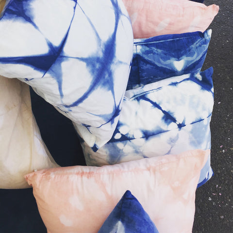 Modern Shibori pillows dyed using madder and indigo