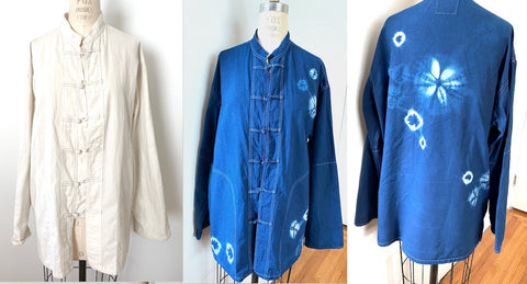 Customized white jacket now blue with shibori and indigo