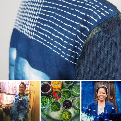 Photo collage of upcycled jacket, new plant dye experiments, friend Alicia of Lingua Nigra, Jenny teaching shibori