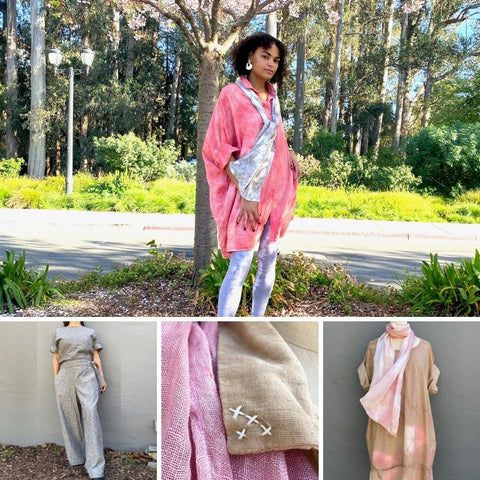 Collage of 2021. Photo shoot in Berkeley, hemp cotton pants suit, detail of embroidery and new colors
