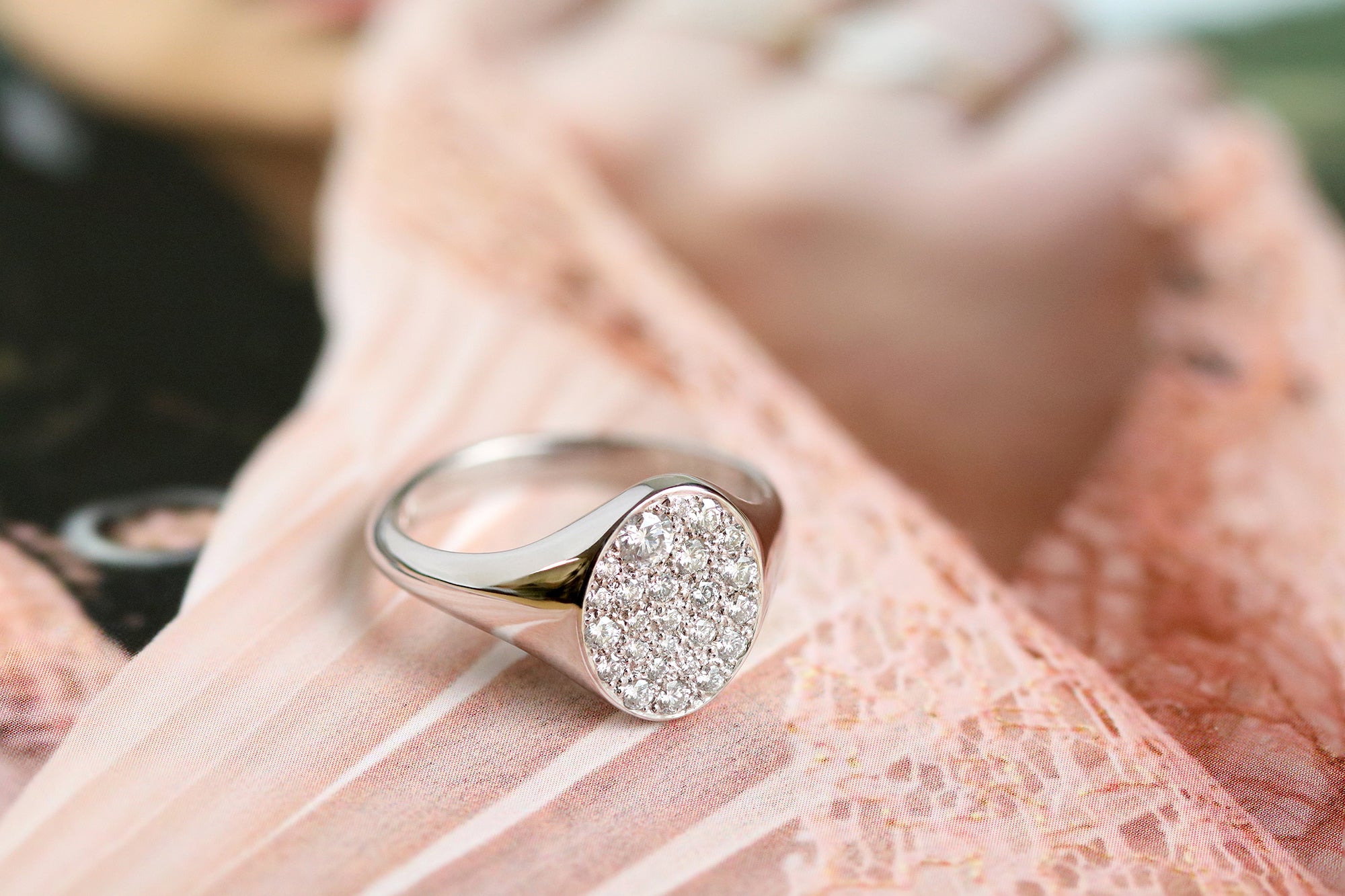 pave diamond signet ring in white gold