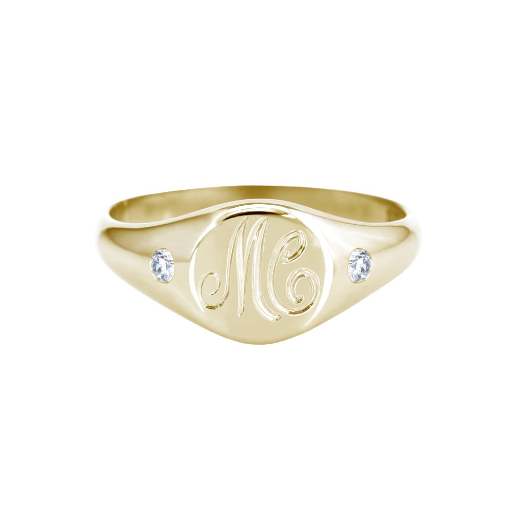 Petite Initial Signet Ring with Side Diamonds Yellow Gold