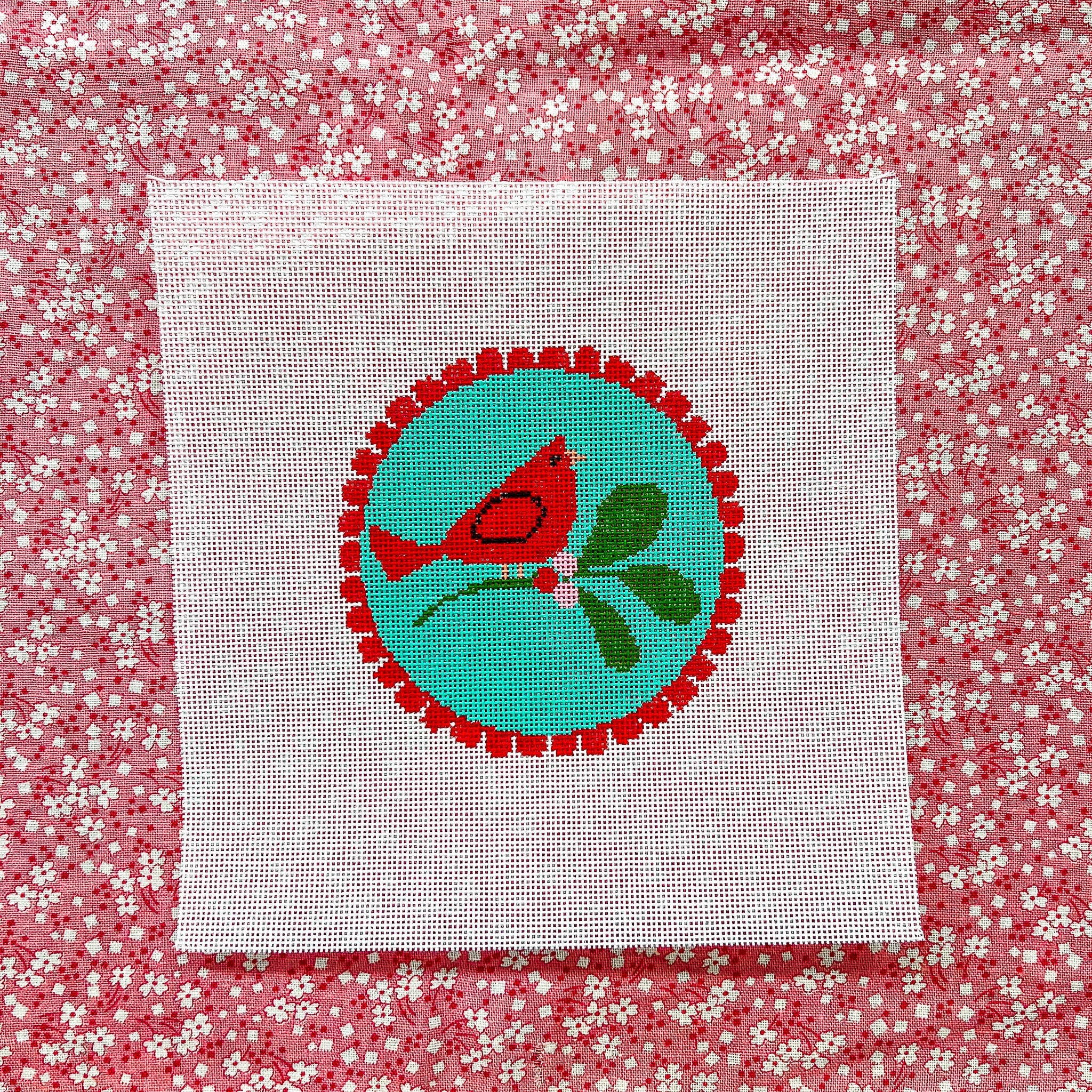 Order on OfficiallyNeedlepoint.com - Red Scallop - Cardinal on Teal