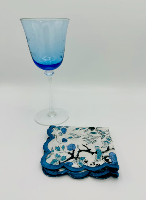 Set of 4 Cocktail Napkins with a Blue Chinoiserie Hand-block Print and Scalloped Edge Embroidery | Cotton Napkins | Wedding Napkins