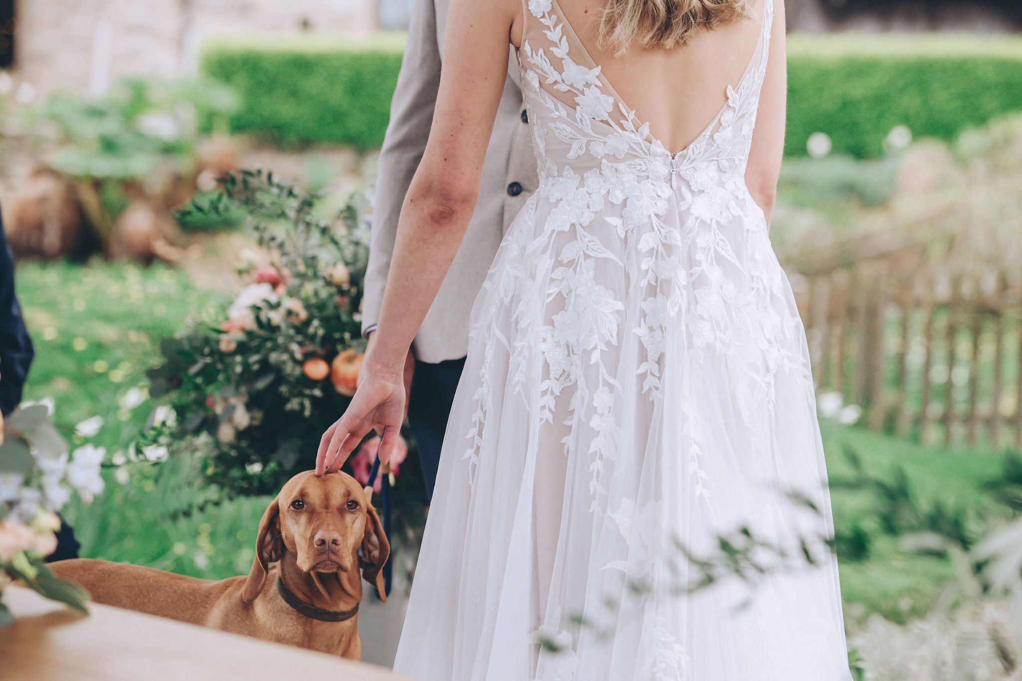 Dog standing with couple in wedding ceremony