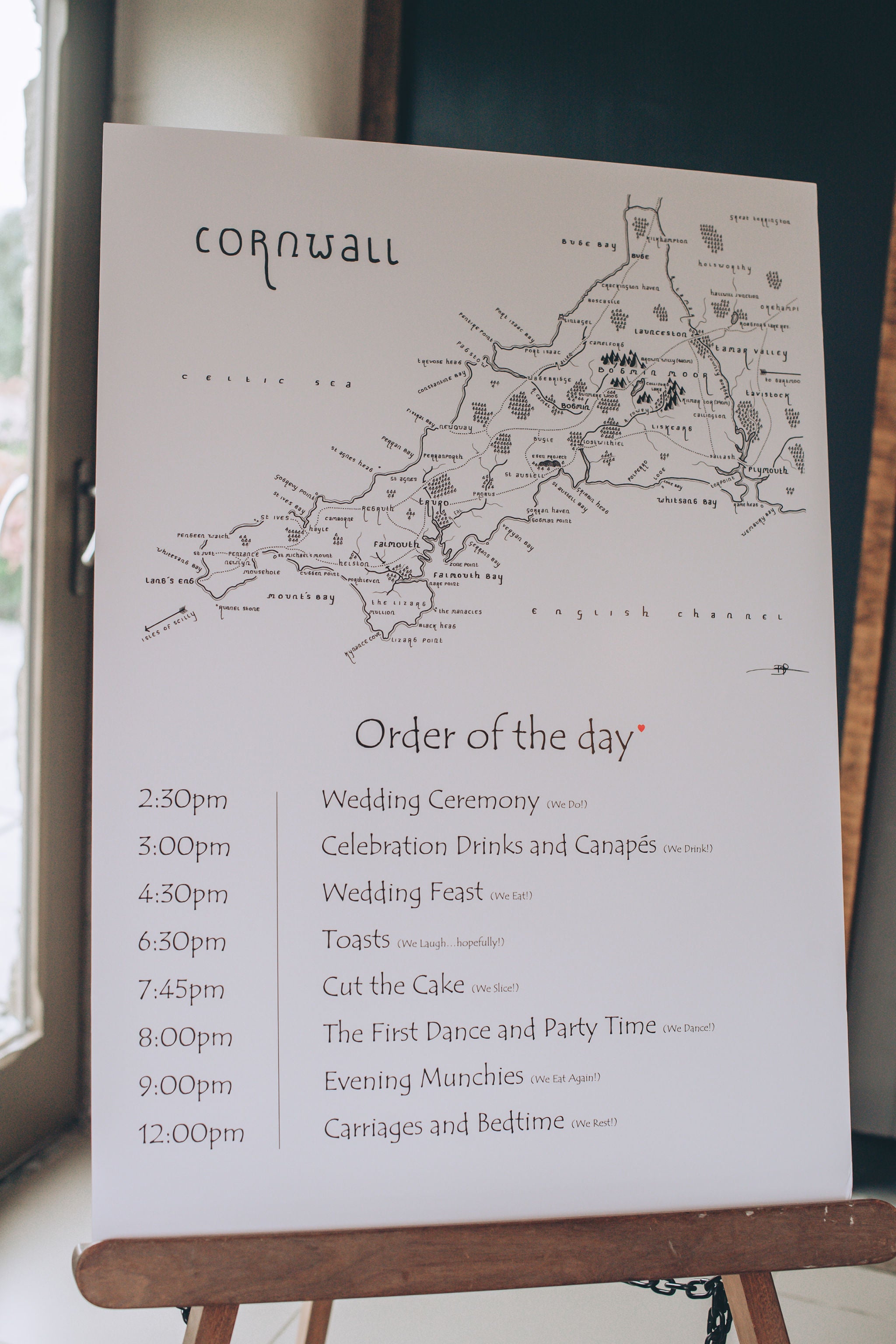 Order of the day with Cornwall map on Trevenna wedding barns