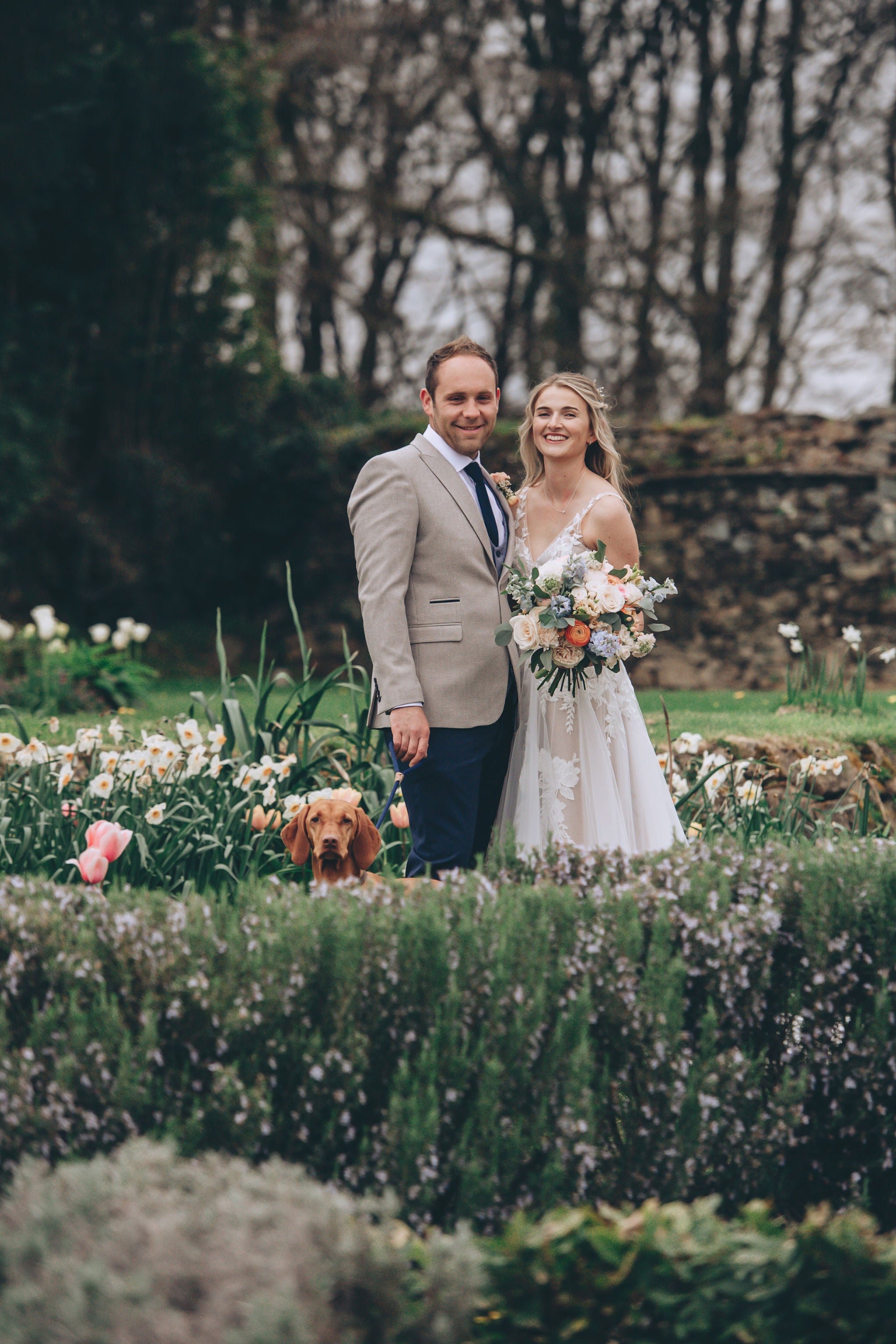 Excited dog with bride at Trevenna wedding barns