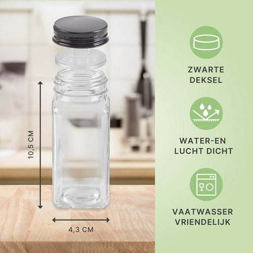 S.old - 24 Glazen Kruidenpotjes vierkant met Deksel Zwart - Kruidenstrooier - Complete set met Strooideksels, Voorbedrukte Stickers en Trechter - Inhoud 120 ml - 10,5 x 4,3 cm - 046eb36ec0f90f3182fe832c298e57878b98ce00_Enriched_product_image