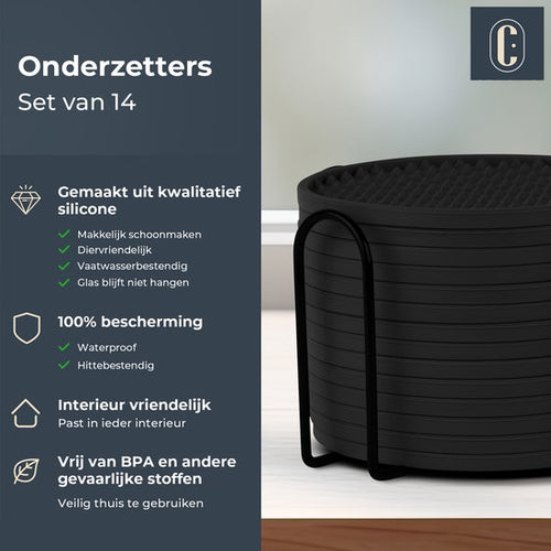 Castagnola Siliconen Onderzetters – Onderzetters voor Glazen – Design Onderzetters met Houder – Onderzettersset – Anti Slip - Set van 14 – Zwart - 0f5b51b0c3c444ad6f0d0d10718aa321f29c3f6f_Enriched_product_image_0e897df0-f755-47e1-a151-fde66fce42d3