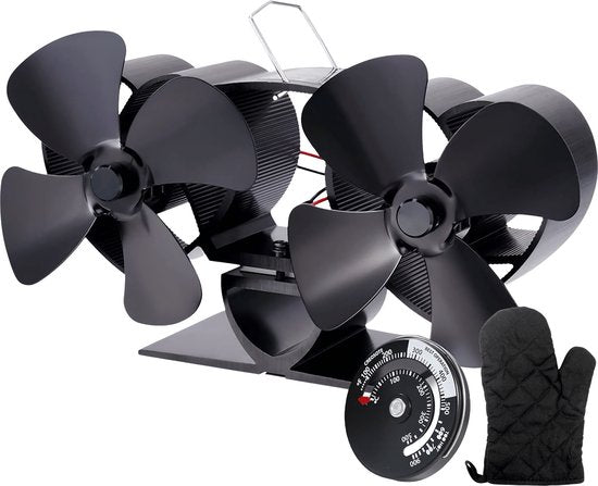 Vulpes Goods® Tech - Kachelventilator voor Houtkachel - Haardventilator - Ecofan - Warmte Ventilator - 8 Bladen & 2 Ventilatoren - Incl. Thermometer & Handschoen - PRO versie - 21bf6712f1d4099f6cc74c37949710f6f4f2277c_Enriched_product_image