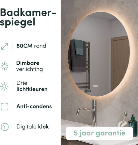 Nolt Badkamerspiegel met Verlichting - Ronde Badkamer Spiegel - Verwarming - Klok - LED - 80 cm - 23a53d7be4771c0e8346582757d41dec13d698e2_Enriched_product_image