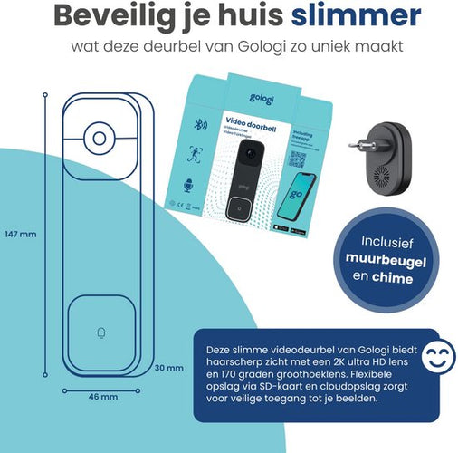 Gologi Video Deurbel - Slimme Deurbel met Camera en WiFi - HD Video Kwaliteit - Draadloos op Accu - Inclusief Muurbeugel en Chime - Night Vision - Waterdicht - Zwart - 26250a152ae9720cc3c739e3eaa2fafdf5bf61f5_Enriched_product_image_2fb1b180-f838-4468-8afd-20ed2adbc4a5