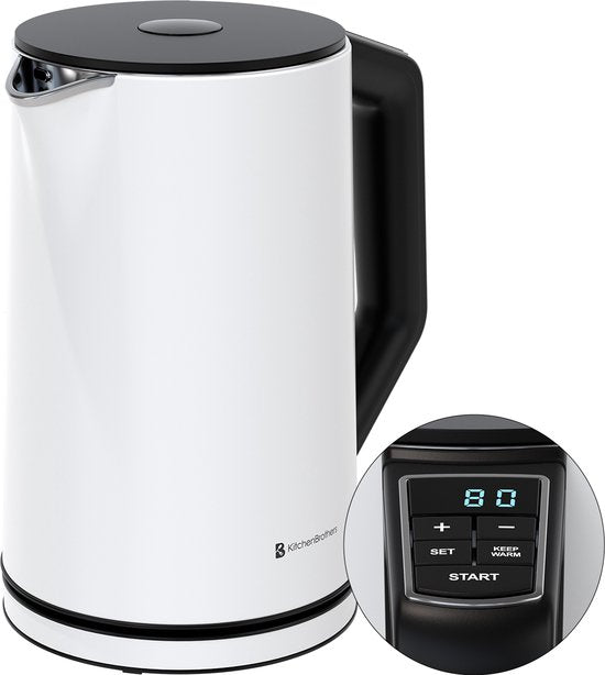 KitchenBrothers Waterkoker - Elektrisch - 1,5L - 2200W - Instelbare Temperatuurregeling - Dubbelwandig - Waterkoker RVS - Wit - 2ad36f864849877d329ec0875c96d85a542c7a86_Enriched_product_image
