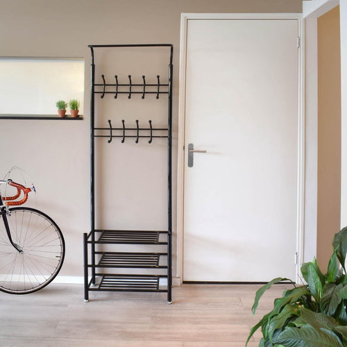 O'DADDY® kapstok staand – kapstokken - kapstok met schoenenrek – kapstok zwart - garderoberek - garderoberek met kapstok - garderoberek met schoenenrek- garderoberek metaal - 66 x 30 x 190 cm - zwart - 3da33438-fec0-471d-b7c0-e0ffc9ee2709