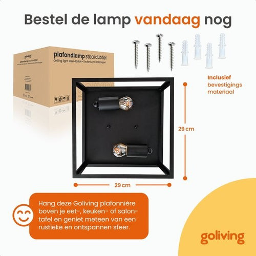Goliving Plafondlamp Industrieel – Plafonnière – Dubbele Lamp – E27 – Metaal – 29 x 29 x 29 cm – Zwart - 40fffd67-d71f-4079-9009-1f5a1cf9482b_ba9fcc8b-0da7-4371-b15b-69c68c62eb6f