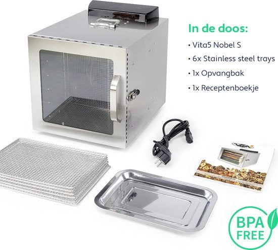 Vita5 Nobel S Voedseldroger – Droogoven - RVS – 24-Uurs Timer - 30-90°C – 400 Watt – Led-bedieningspaneel – Dehydrator – 6 Laags - Voedsel drogen op extreem lage temperatuur van slechts 30°C - 43a46baf-f0e3-4178-a433-7cef88ef2eb0_64c39d5f-d9a0-46c0-b847-ab61e6afd3da