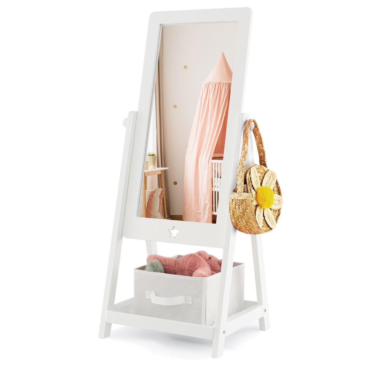 Coast 360° Draaibare Kindervloerspiegel met Stoffen Opbergbak, Stermotief en 2 Haken – Wit, 45x40x112 cm - 445eb1d3b51d63e1df011c5b47501f2ab967957b_miroir_sur_pied_rotatif_360_pour_enfants_avec_bac_de_rangement_en_tissu_miroir_d_habillage_1_23