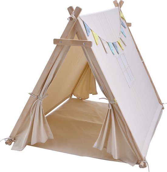 Sunny Sienna Speeltent met vlaggen en vloermat Crème – Wigwam Tipi Tent voor kinderen met Slinger & Opbergtas - Stokken FSC hout - 120x100x105cm - 5f103c62f159b2a7c1d492d811c01d15bda1e6d0_Enriched_product_image