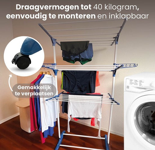 Shine Inklapbaar Droogrek met 3 Etages en Wielen - Droogtoren – Wasrek met 18 Stangen en 2 Haken - Roestvrij Staal - Versterkt ABS - 15 Meter Waslijn - 7de882354511b65363de171f9a6934a1c6280227_Enriched_product_image_833cc50a-22e2-495e-9b99-c5903d1e6826