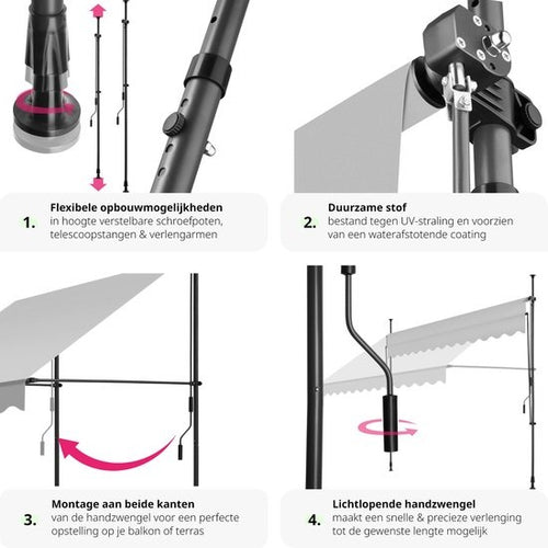 tectake - klemluifel - Zonnescherm – Zonneluifel - Verstelbaar - Klem-zonwering - Zonnescherm Balkon - 300 x 180 cm - lichtgrijs – zonwering - 404963 - 8084ada4-f51c-48fa-b3fd-a62a3ef601a4