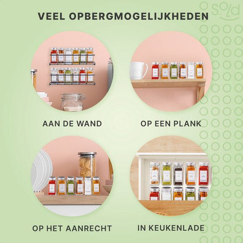 S.old - 24 Glazen Kruidenpotjes vierkant met Deksel - Kruidenstrooier - Complete set met Strooideksels, Voorbedrukte Stickers en Trechter - Inhoud 120 ml - 10,5 x 4,3 cm - 889a9470590bf8bc7f2a5a2658ed06ed15336546_Enriched_product_image