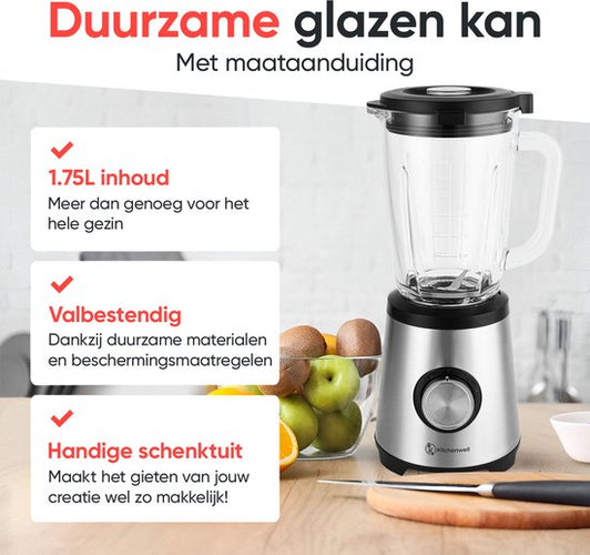 Kitchenwell Blender - Krachtige 1300 Watt Smoothieblender met To-Go Beker - 1.75 Liter - Glazen Kan - 3 Standen - RVS/Grijs - 89e3dd641a4fd6ac7daba7e6f4ba5f785d7d069a_Enriched_product_image_993fa94b-5d37-4bd7-b392-68759c23746b
