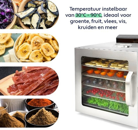 Vita5 Nobel S Voedseldroger – Droogoven - RVS – 24-Uurs Timer - 30-90°C – 400 Watt – Led-bedieningspaneel – Dehydrator – 6 Laags - Voedsel drogen op extreem lage temperatuur van slechts 30°C - 8a392b03-c3b7-4f12-a8f2-13be03c9d20c_888fe584-9f35-4f0d-9e85-16e874694086