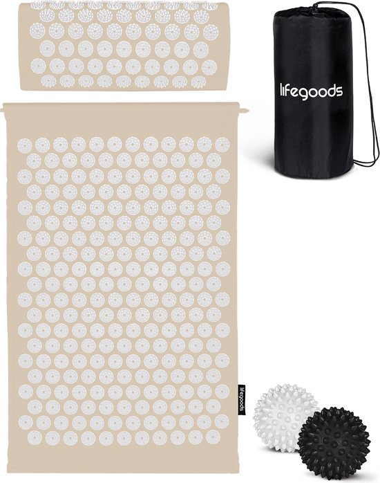 LifeGoods Acupressuur Mat met Kussen - Shakti mat - Spijkermat Incl. 2x Triggerpoint Bal - 66x40x2cm - Beige/Wit - a2602043058c2554157eccba9d0d4b0779844cd7_Enriched_product_image_901b7a7e-74ef-424c-816f-16cfb29e1221