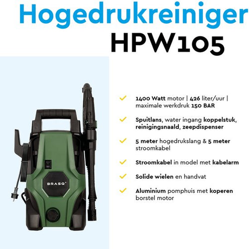 BRASQ Hogedrukreiniger HPW 105 - Terrasreiniger - Hogedrukspuit - 1400W - 105 bar - 426 L/H - Complete set - a66baac2fc8adc6240e4b65d1ac0dc6fea28ce73_Enriched_product_image