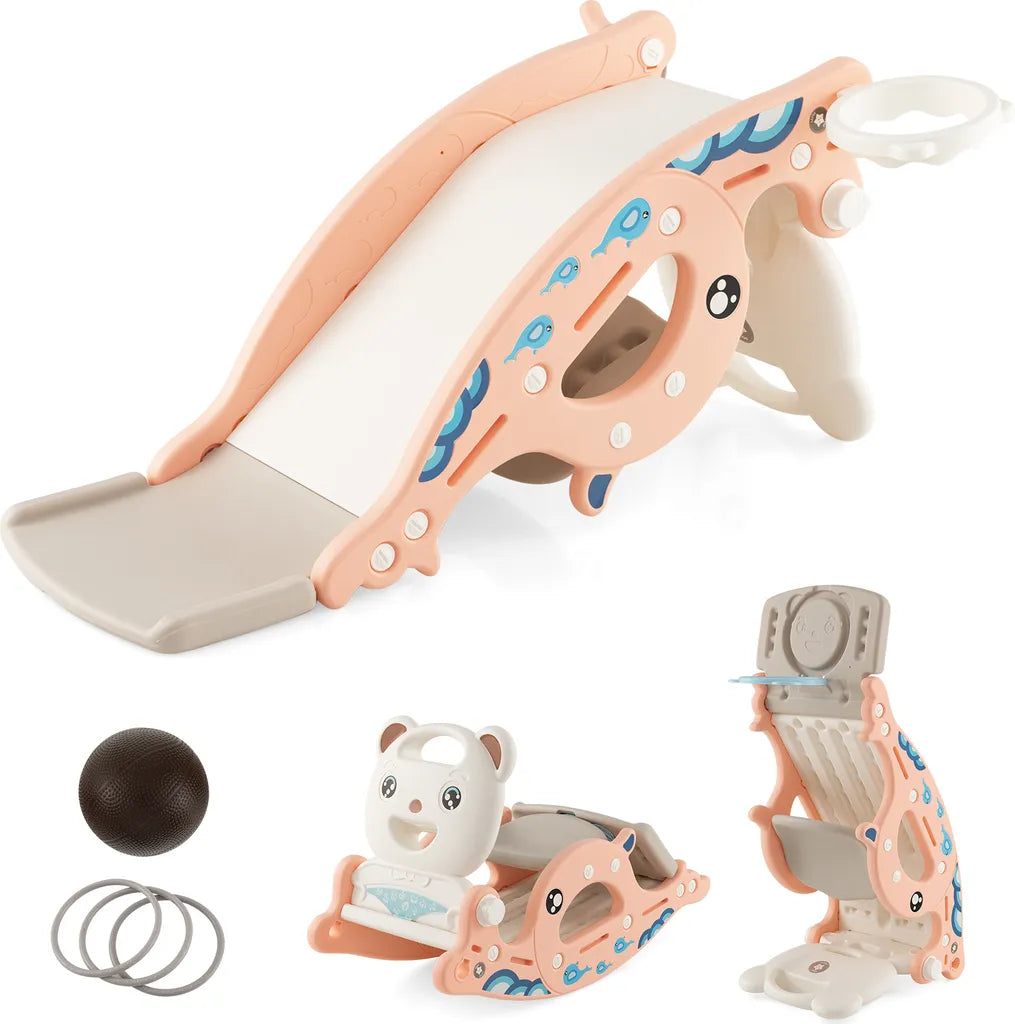 4-in-1 Kinder Glijbaan Speelplaats met Glijbaan + Schommelpaard + Basketbalring + Ringwerpspel voor Kinderen vanaf 1 Jaar Roze - c5124c74ac873a28022e792b3c5b8f233dca648e_92aec59074370168d705ce4ca05efc47_1