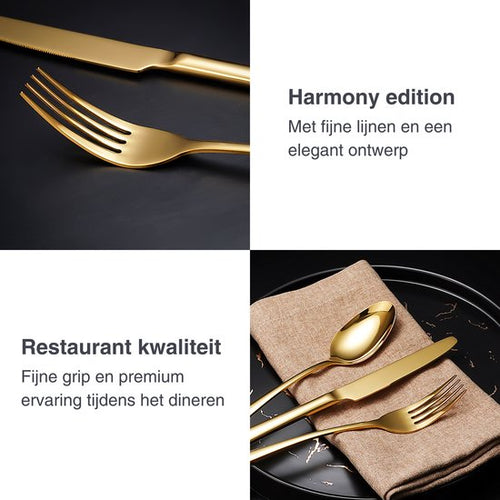 Deleca 6 Persoons Bestekset Harmony - Lepels, Messen, Vorken, Steakmessen & Gebaksvorkjes - Vaatwasserbestendig - Kerst Cadeau Bestek - Goud / Edelstaal - c681f5cb6520eba498374f8c238340147fca23c9_Enriched_product_image_27dbabbe-6179-404a-8a30-b1d59efc8c83