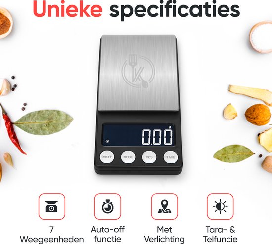 Kitchenwell digitale mini precisie keukenweegschaal - 0,01 tot 500 gram - 14.2 x 7.5 cm - pocket scale op batterij - weegschaal keuken - c855b08c678724032db806b45d217331613025fc_Enriched_product_image