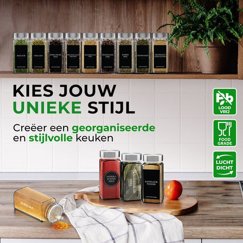 Soothe 24 Glazen Kruidenpotjes Vierkant met RVS Deksel – 2 Soorten Strooideksels – Kruidenstrooier – Spice Jars – Complete Set incl Kruiden Stickers, Krijtstift en Accessoires – 120ml - cc8a48406e12aa88e68006719249fb8cddf05077_Enriched_product_image
