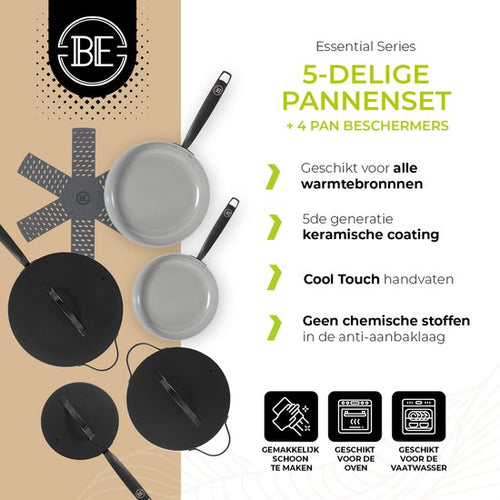 BE Living Essential 5-delige Pannenset - Koekenpannen + Hapjespan + Braadpan + Sauspan + Panbeschermers - Met Deksel - Keramisch - PFAS vrij - Inductie - Zwart - efcb572d2a618e96c4d83ca9ab855e147de6ca22_Enriched_product_image