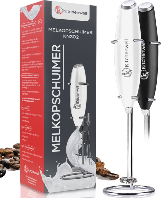 Kitchenwell Elektrische Melkopschuimer - Inclusief RVS Houder & Eierklopper - Melkopschuimer handmatig - Melkopklopper - Wit - fc9de7d3930e3f764a1fcce5599dbead5201a869_Enriched_product_image