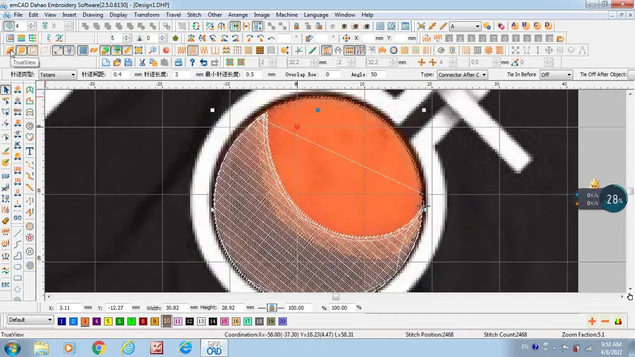 The crescent shape filled with brown Tatami stitches, adjacent to the orange circle.