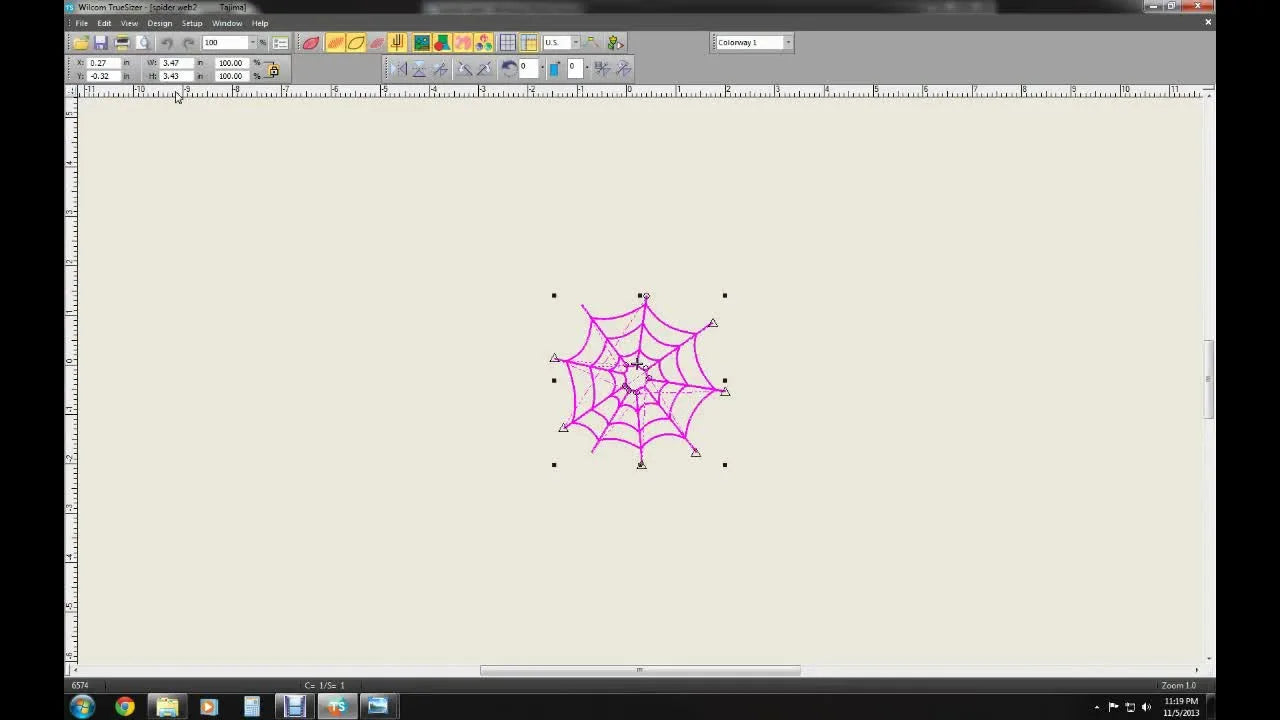 Spiderweb design in TrueView mode, showing realistic stitch rendering.