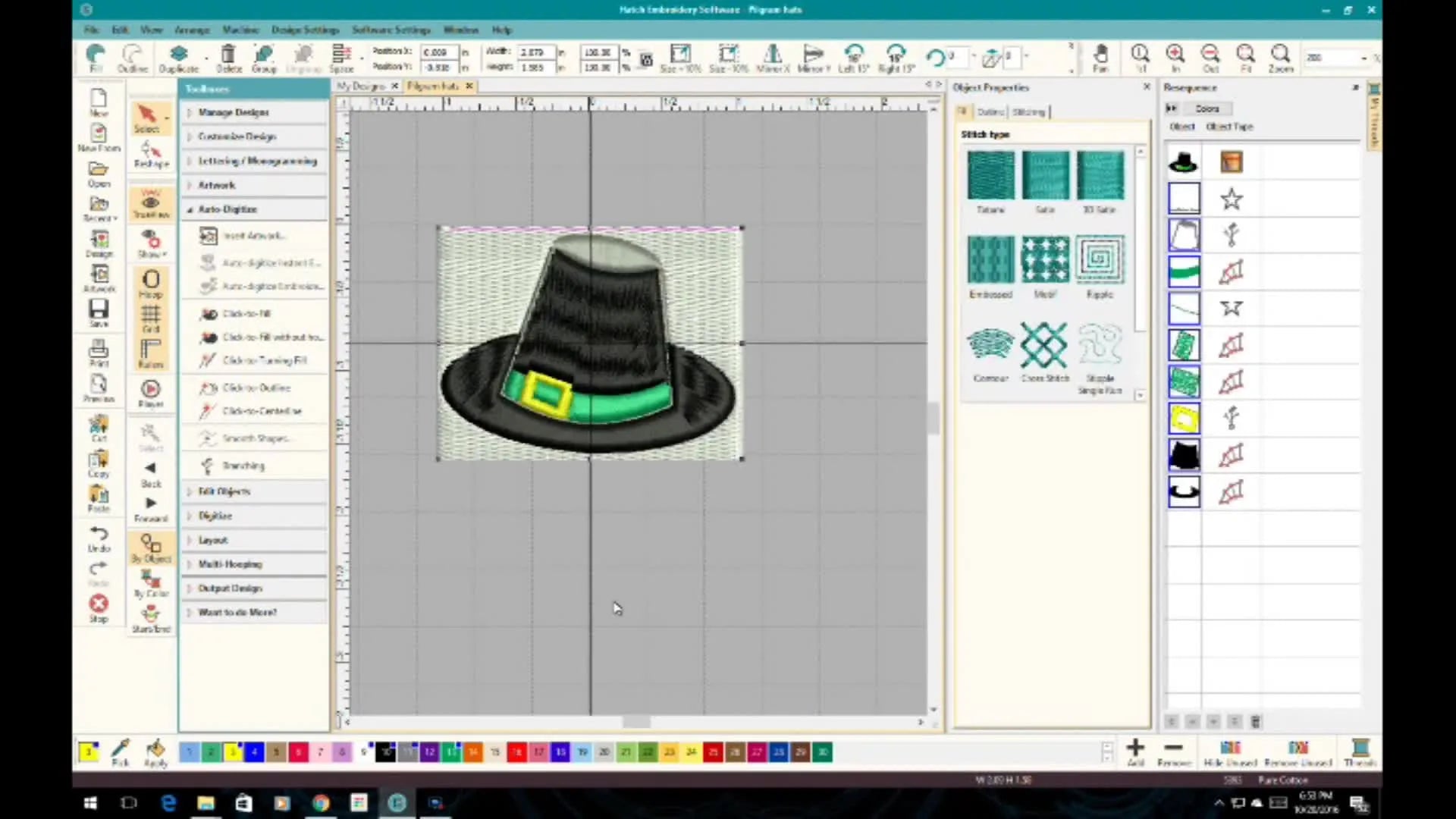 The auto-digitized pilgrim hat design in Hatch, now with stitch patterns visible.