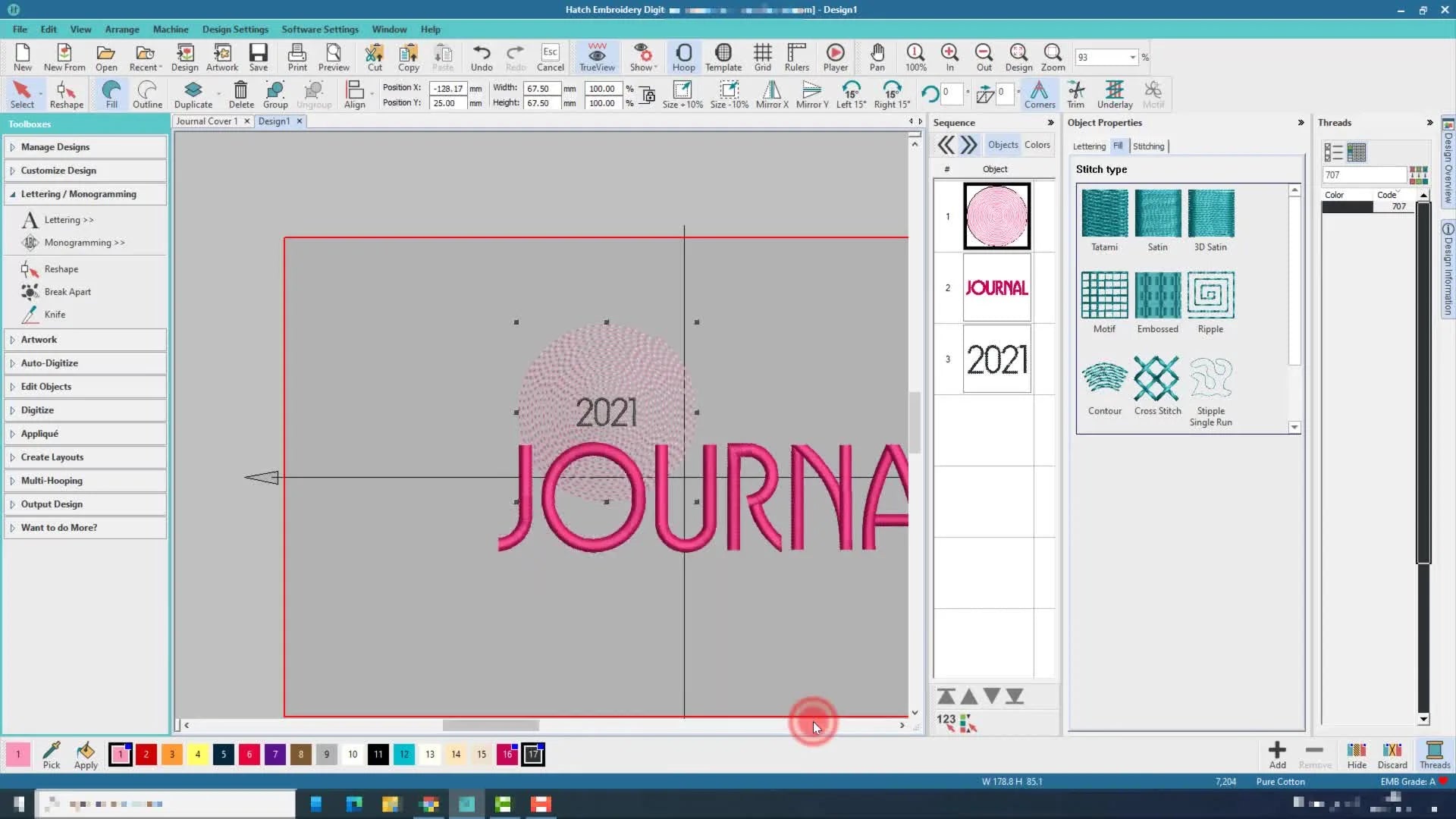 Screenshot of Hatch Embroidery Digitizer showing '2021' and the ripple spiral selected and aligned horizontally.