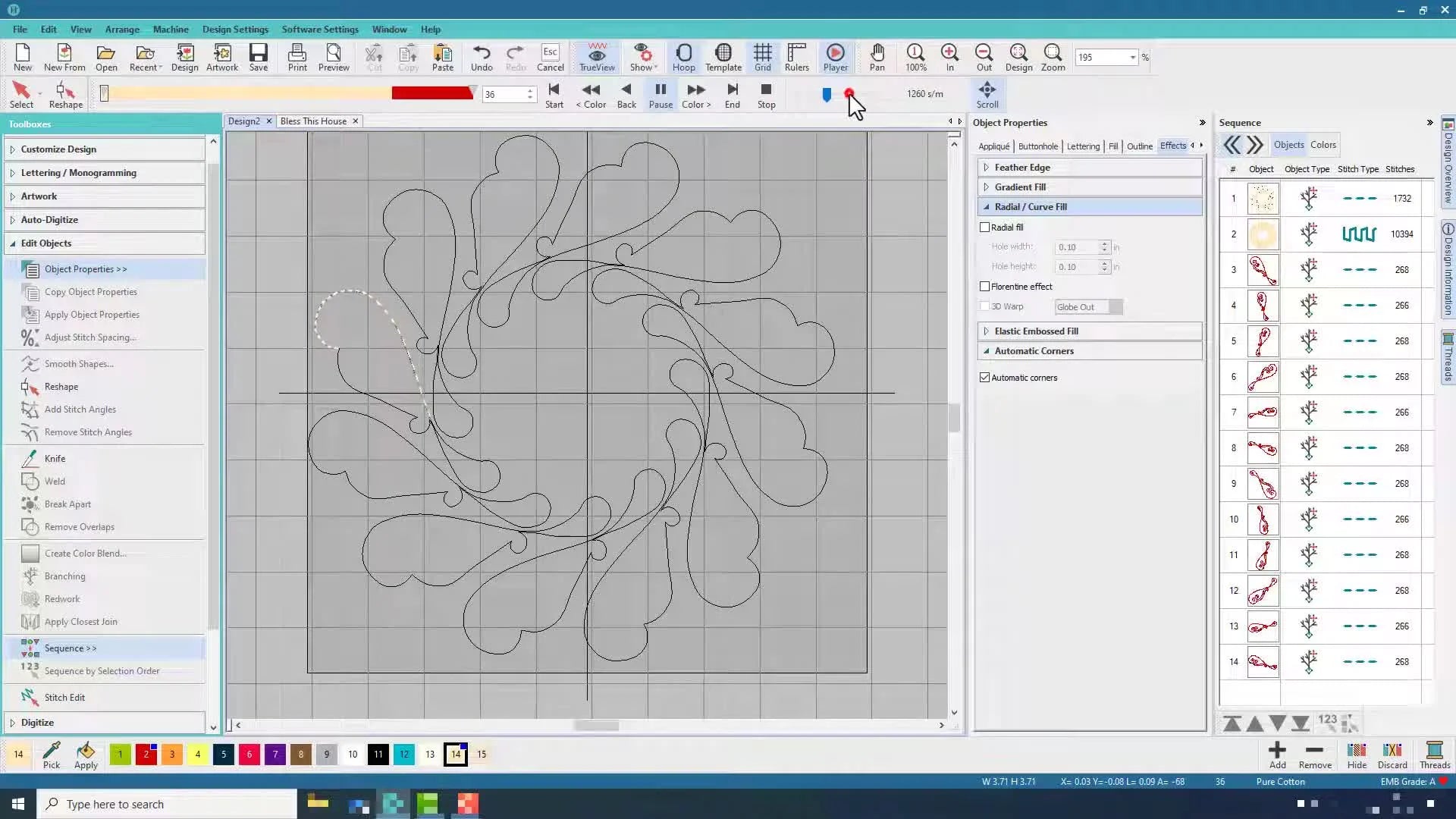 Stitch player preview showing optimized stitching path without jump stitches.