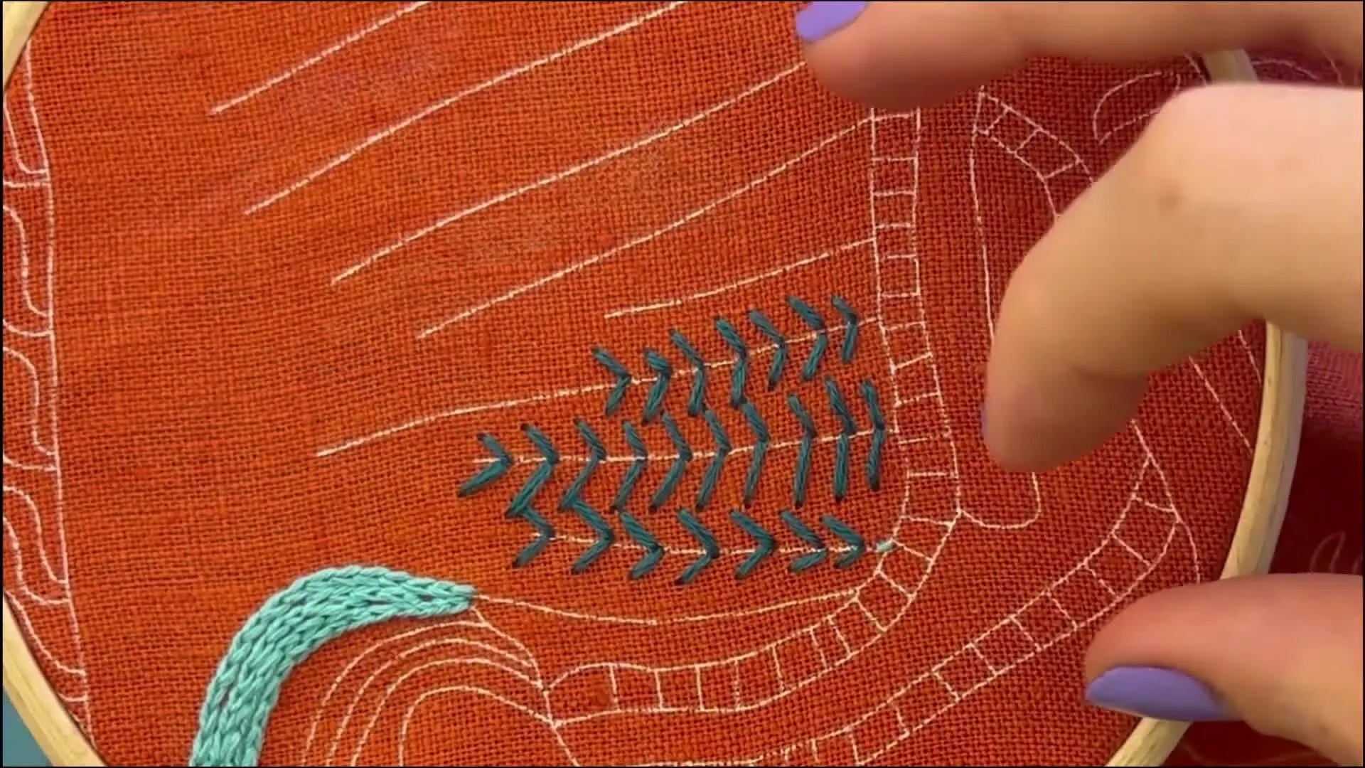 Hands stitching a chain stitch down the center of the pre-laid straight feather lines.