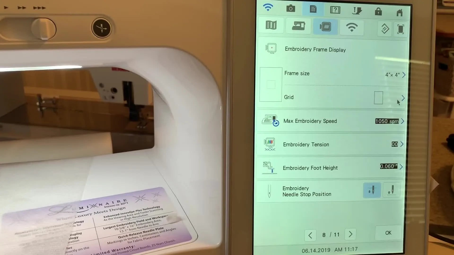 The Brother Luminaire screen displaying the 'Embroidery Frame Display' settings, with 'Frame size' highlighted and various hoop dimensions listed.