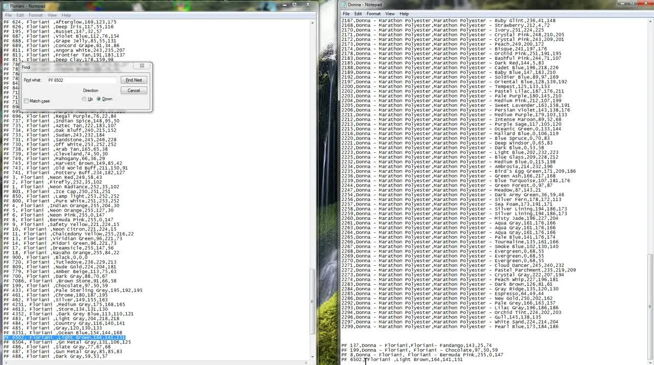 Modified line 'Donna, Floriani, Polyester, Light Khaki, 205,199,144' in the custom chart.
