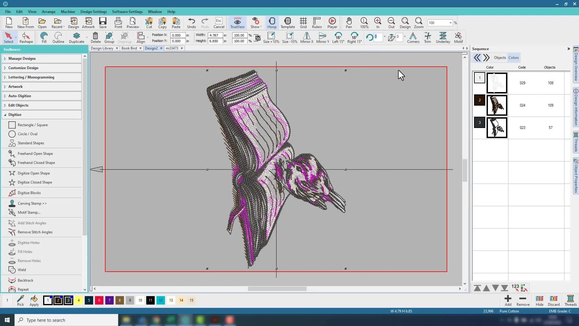 The 'Storytime Bird' design rotated 90 degrees within the hoop in Hatch Embroidery software.
