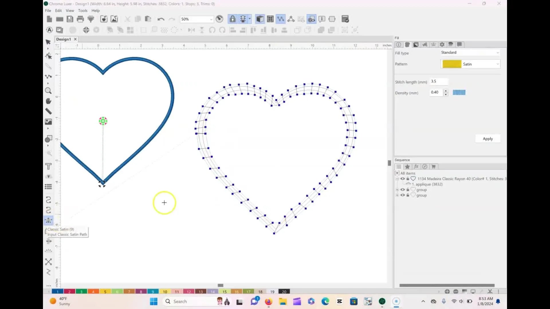 Improved manual satin stitch with more uniform and closer ladder points.