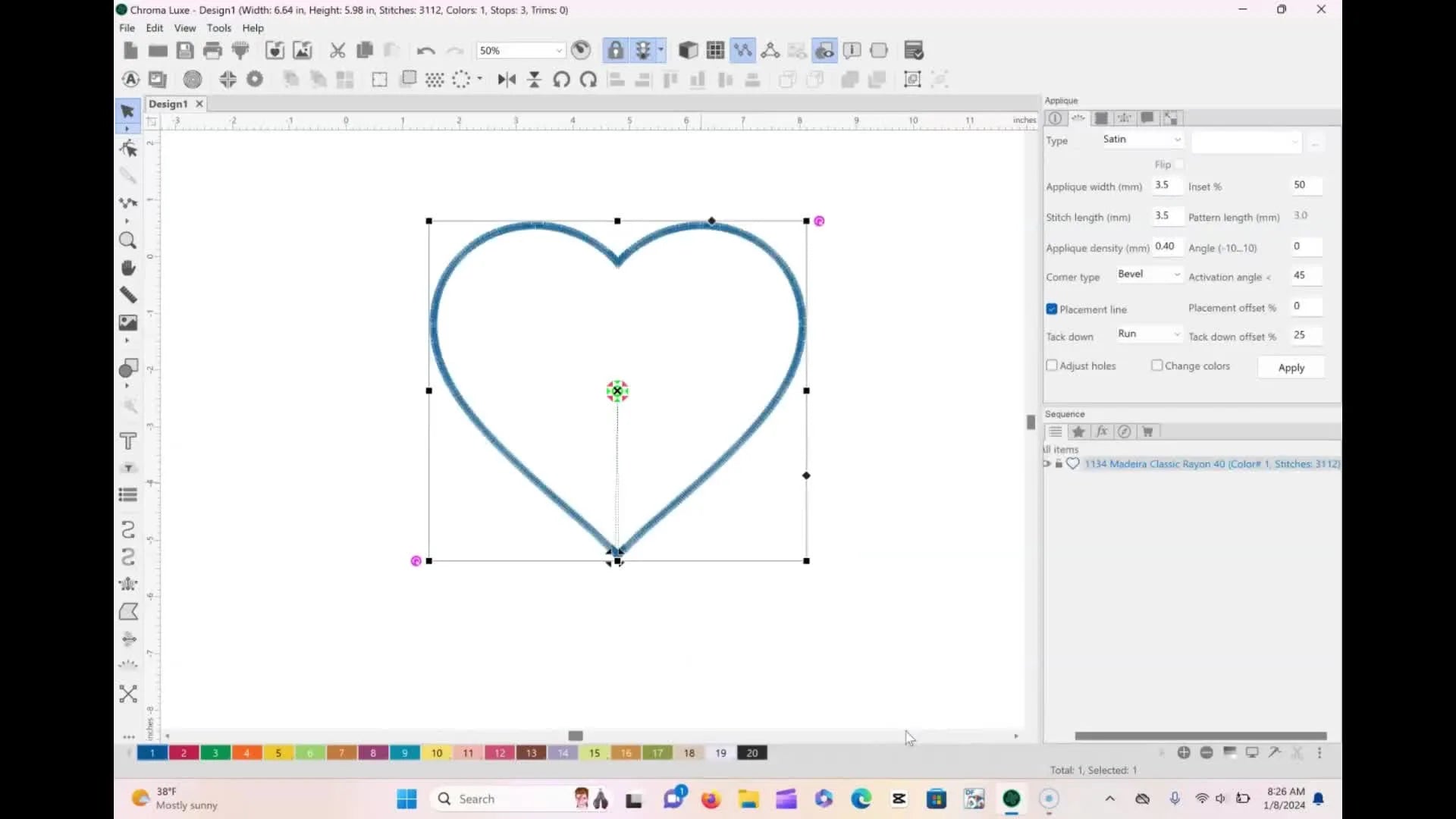 Heart outline automatically converted to an applique design.
